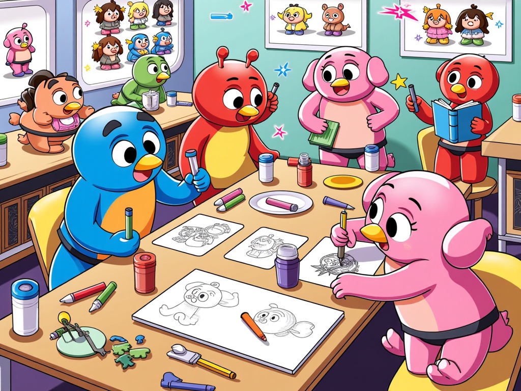Creative Genesis Hub: Depict Anime Central mascots collaboratively designing and magically bringing to life a diverse set of original characters within a vibrant, shared creative workshop or studio space, filled with art supplies and imaginative sparks.