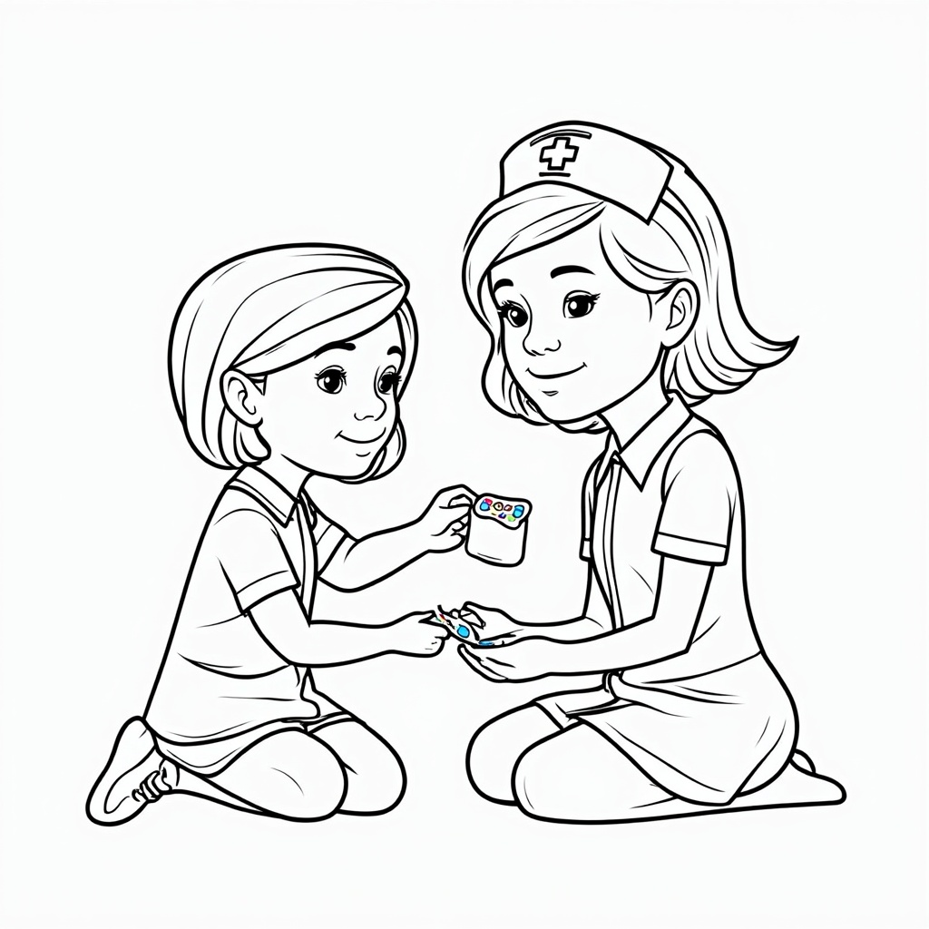 Coloring scene showing a child nurse kneeling to offer a sticker from the first aid kit to another child who has a pretend 'boo-boo' on their knee.