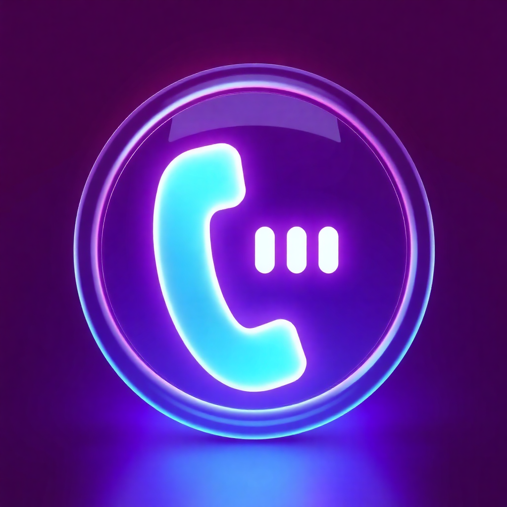 The image is a circular icon with a blue and purple gradient background. In the center of the icon, there is a white phone receiver in the shape of a circle. The phone receiver is outlined in a neon blue color and has three small white dots on it. The background is a gradient of purple and blue, creating a gradient effect. The overall design is modern and minimalistic.