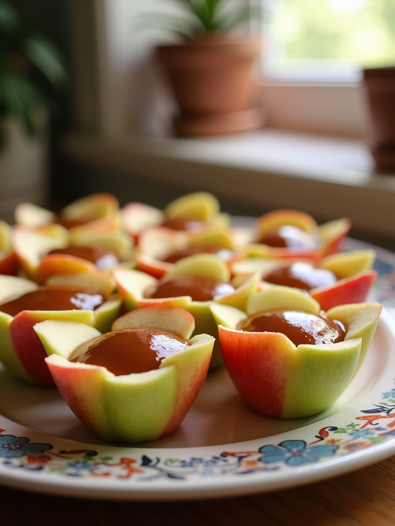 Individual apple slice cups with caramel, perfect for parties or quick snacks.