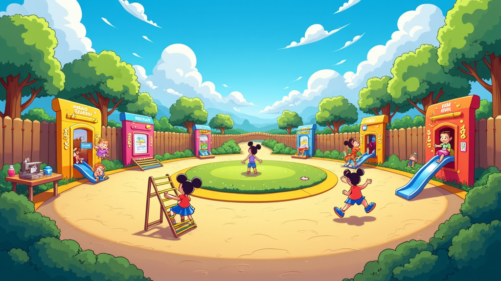 Digital Obstacle Course vs. Real-World Playground: Illustrate the 'Online World' as a stylized, somewhat challenging digital obstacle course where the minor encounters friendly 'restriction barriers' like 'Age Verification Checkpoint,' 'Screen Time Limit Zone,' or 'Content Filter Wall.' Contrast this with the 'Real World' depicted as an open, inviting playground or park with limitless activities.