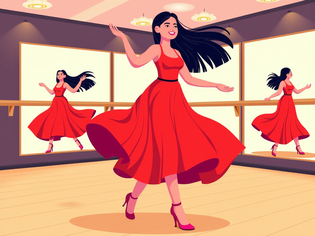  a young woman in a red dress dancing in a dance studio. She is in the center of the image, with her arms stretched out to the sides and her legs bent at the knees. Her long black hair is flowing in the wind and she is wearing pink high heels. In the background, there are three other dancers in similar red dresses, all of them in mid-dance. The studio has a wooden floor and large windows that let in natural light. The walls are painted in a light color and there are chandeliers hanging from the ceiling. The overall style of the illustration is cartoon-like and playful.