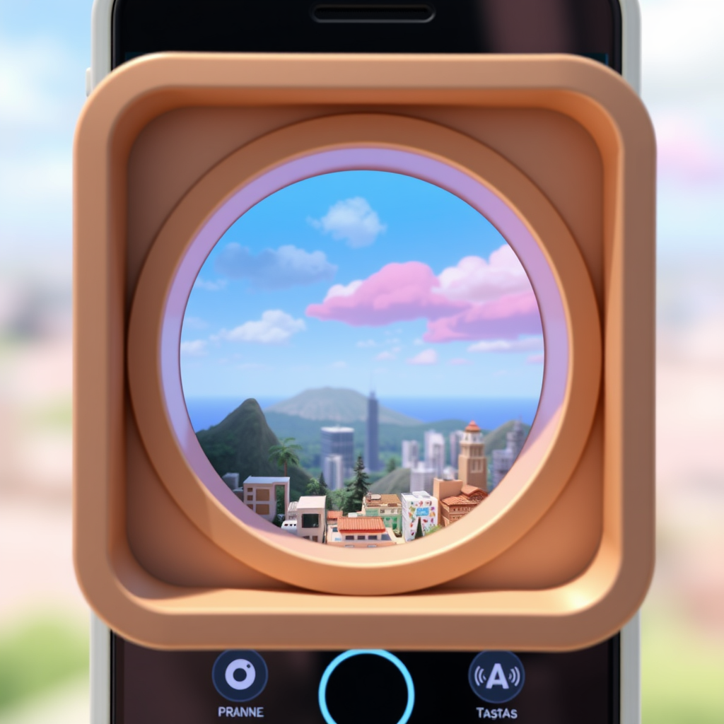 Miniature World Vistas: When viewed in AR, each icon expands slightly to reveal a miniature, stylized 3D vista or diorama previewing the digital feed's atmosphere or a top post, acting as a window into that social space.