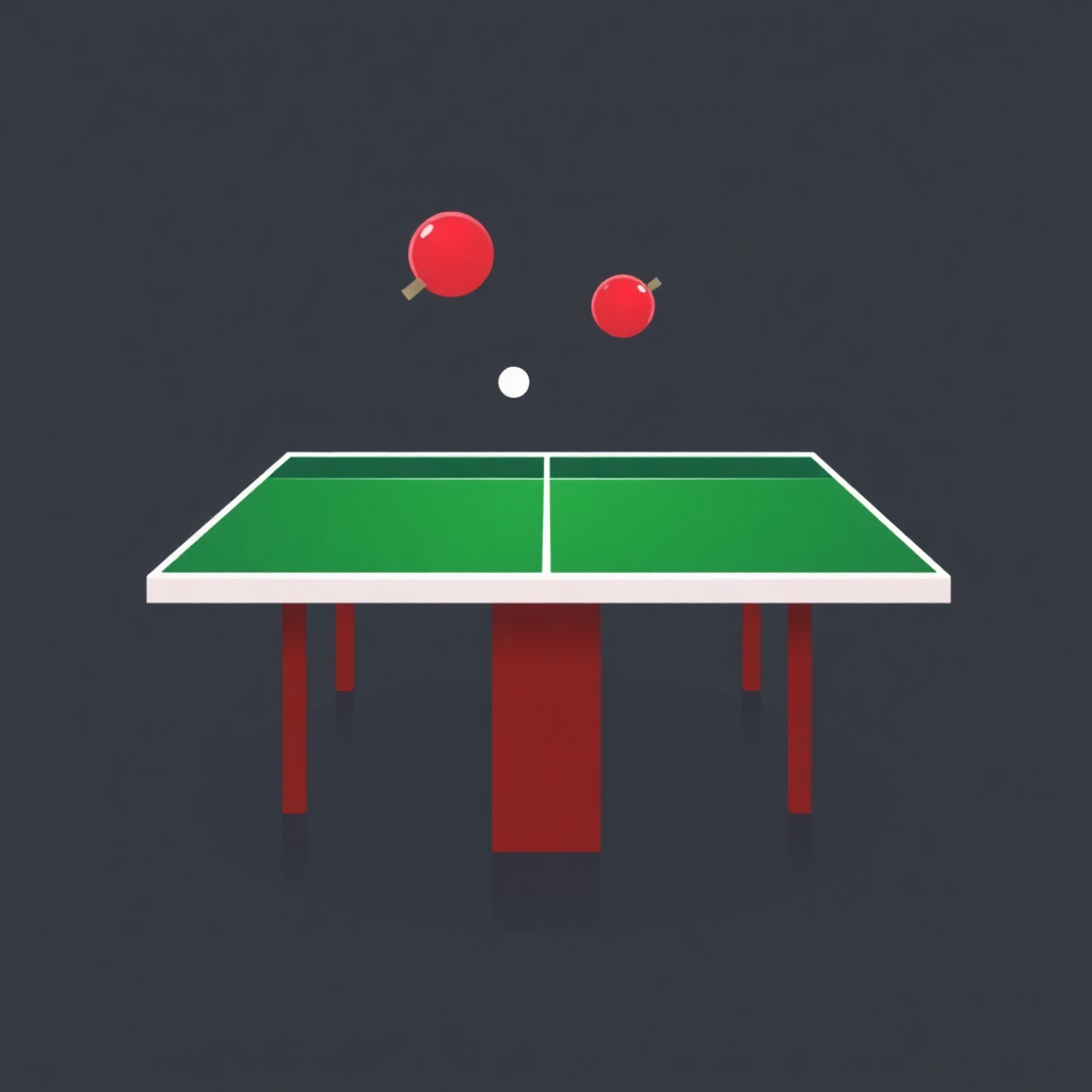 The image is a digital illustration of a ping pong table. The table is rectangular in shape with a green top and red legs. On top of the table, there are two red ping-pong balls that are in the air, ready to hit the ball. The background is black, making the table and balls stand out. The image has a minimalistic and modern design.