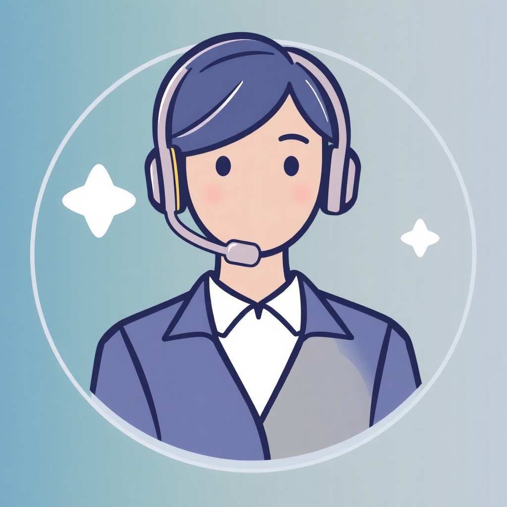 The image is an illustration of a person wearing a headset. The person has short dark hair and is wearing a blue suit with a white shirt. They are also wearing a microphone attached to the headset. There are two white stars on either side of the person's head. The background is a light blue color. The image is in a circular shape.