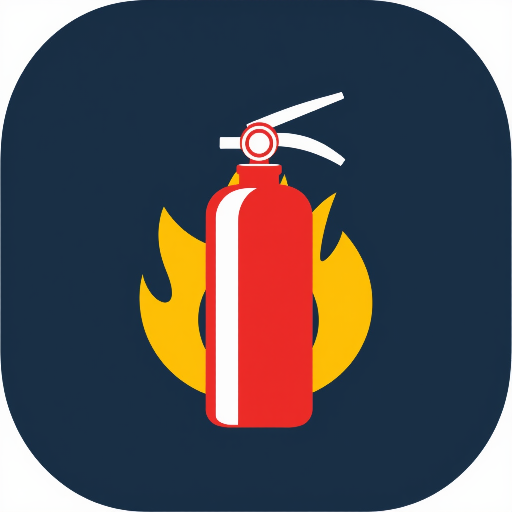 A red fire extinguisher with a white handle and nozzle, with a simple flame icon in the background.