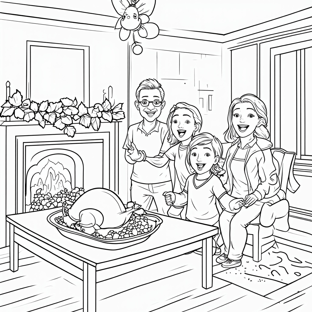 A cozy living room scene featuring a fireplace adorned with a fall garland, a plump turkey ready for carving on the dining table, and a family of four joyfully preparing for their Thanksgiving feast.