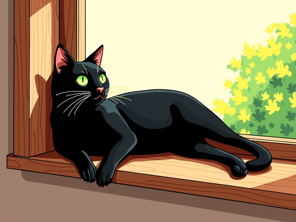 The image is an illustration of a black cat lying on a wooden window sill. The cat is lying on its side with its body stretched out and its head resting on its front paws. It has green eyes and pink ears. The window is open and the view outside is of a garden with yellow flowers. The background is a beige wall. The overall mood of the image is peaceful and serene.