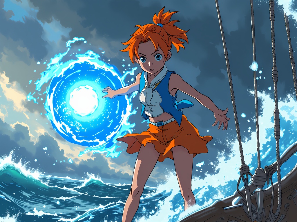 Nami, the navigator, showing her skill by creating intense weather phenomena with her Clima-Tact, navigating through a stormy sea with confidence and precision.