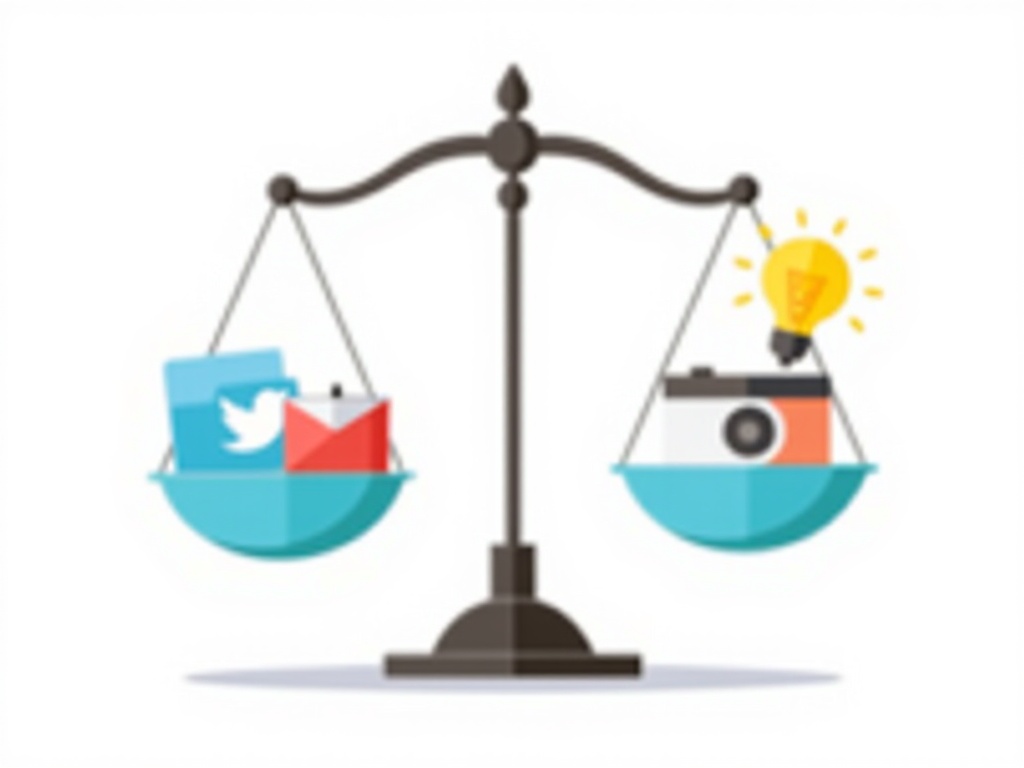 Illustration 1: A set of scales. On one side, place social media icons (like a bird, thumb-up, camera) weighed down by a gavel labeled 'Regulation'. On the other side, a struggling lightbulb or small plant labeled 'Innovation' is trying to lift its side.
