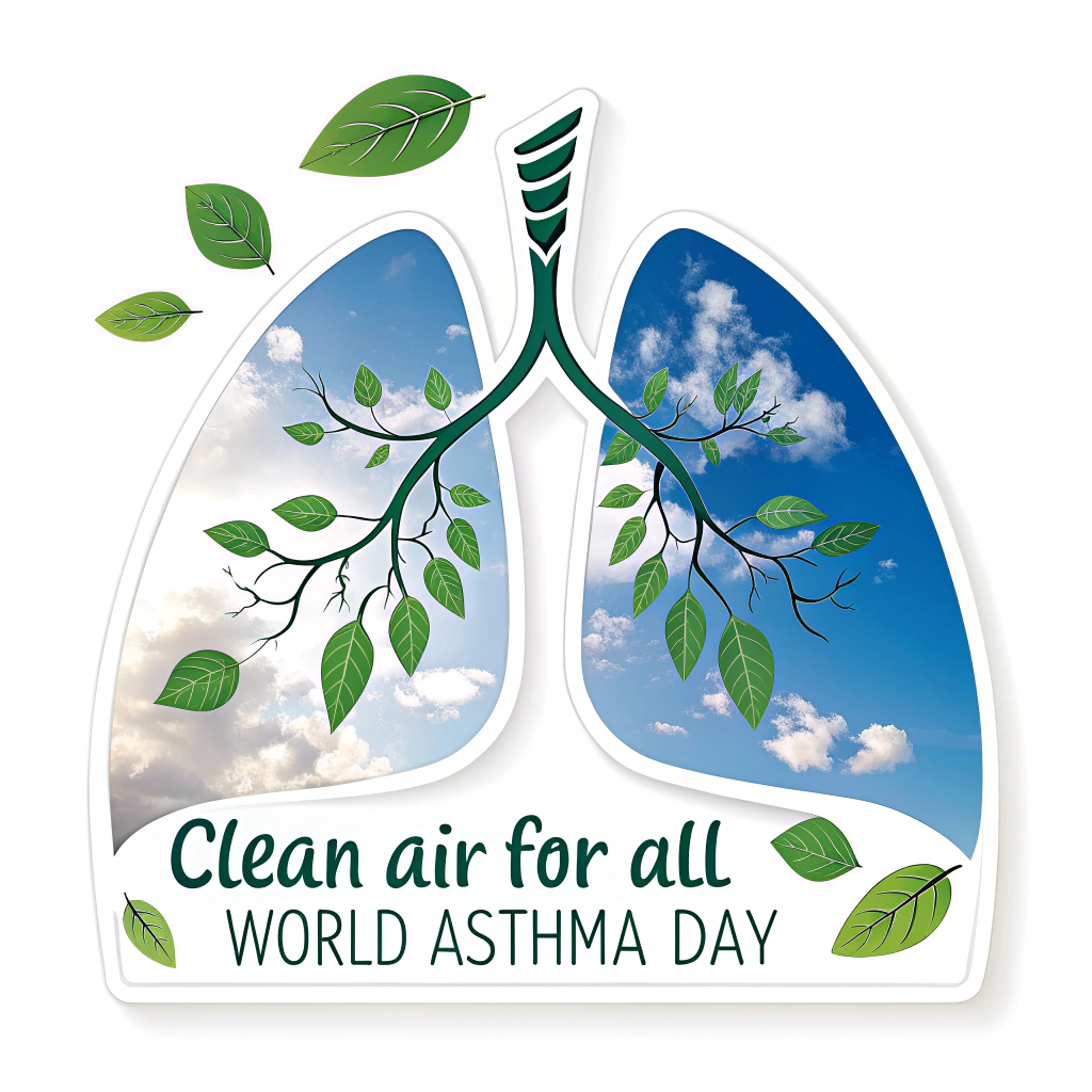 Sub-design idea 1 for WAD sticker: Silhouette of healthy lungs seamlessly integrating a clear blue sky and vibrant green leaves within or around them, accompanied by the text 'Clean Air for All - World Asthma Day'.