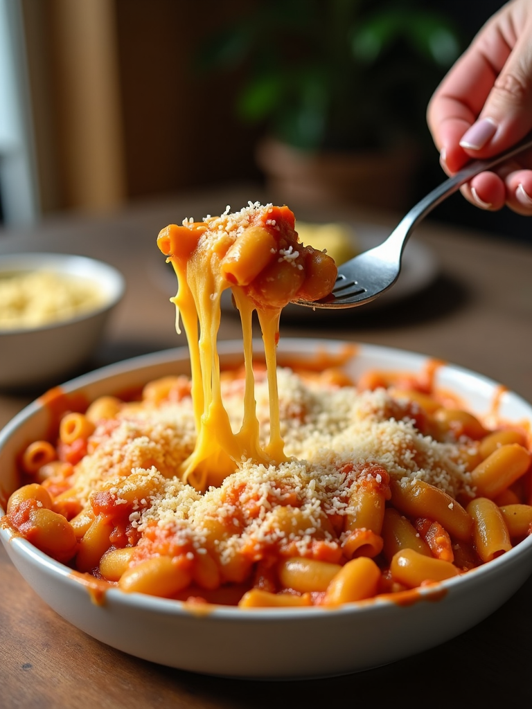 A delightful mix-up with a sprinkle of extra Parmesan cheese being added to an already cheesy baked ziti, a hand reaching down to take a deliciously comfy bite with a fork.