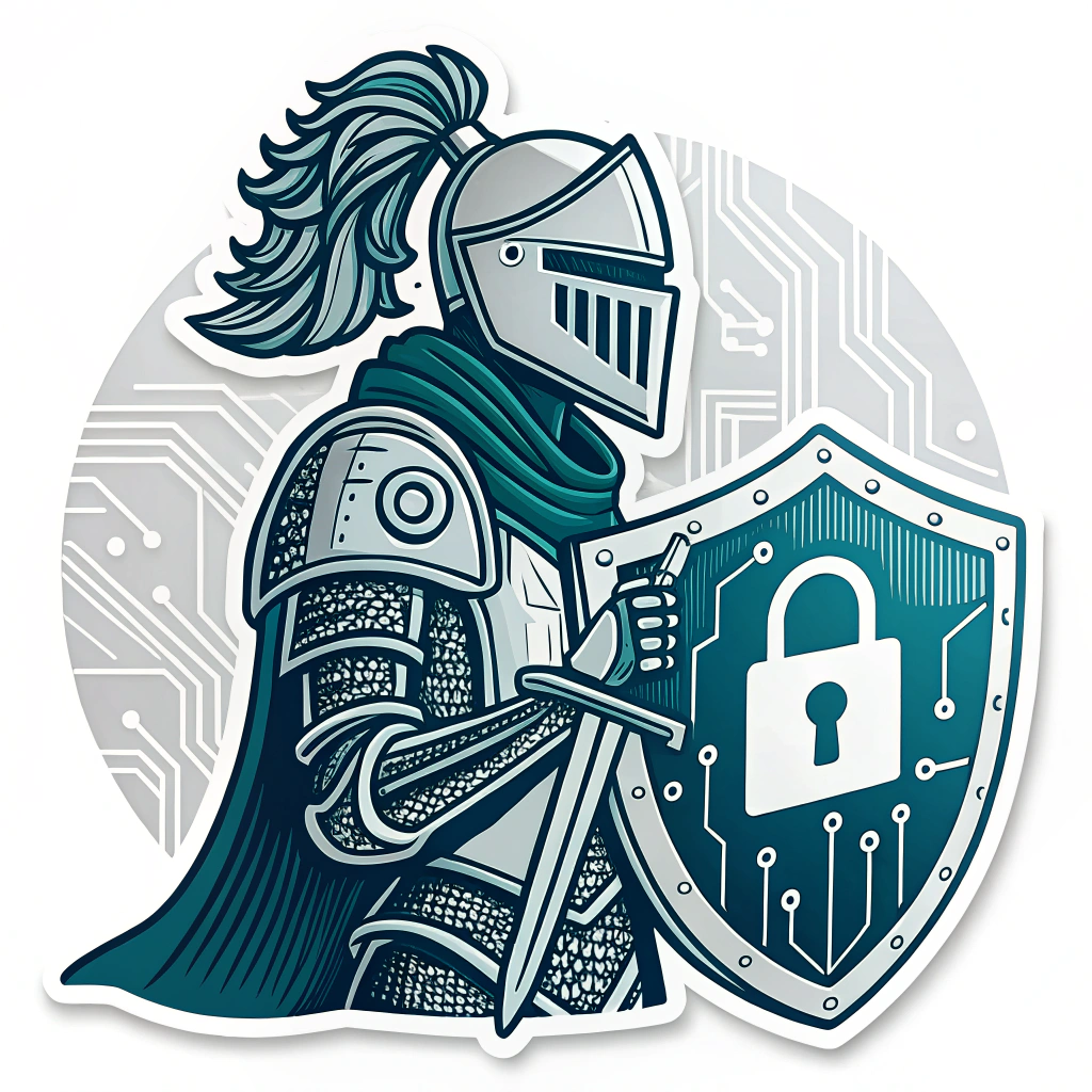 Sub Design Idea 1: Digital Knight Emblem - A knight's helmet or full silhouette integrated with circuit board textures, holding a shield displaying a binary code lock or a stylized firewall icon.