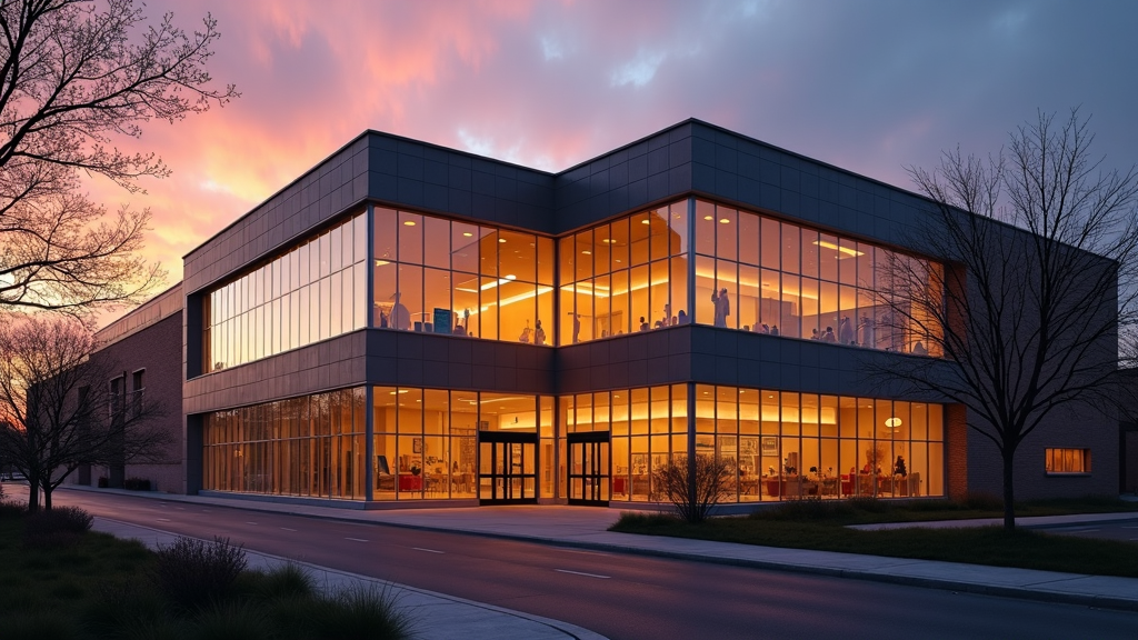 An evening shot of the department building illuminated by the setting sun, the lights inside creating a warm and inviting atmosphere.