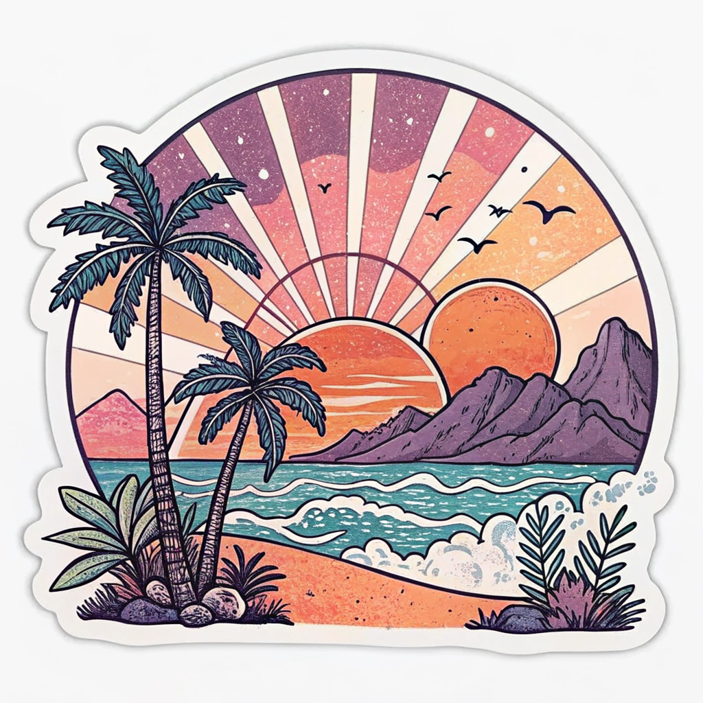 The image is a circular sticker with a colorful illustration of a tropical landscape. The background is a gradient of orange, pink, and purple, with a large orange sun in the center. The sun is surrounded by rays of light, creating a sunburst effect. On the left side of the image, there are two palm trees with green leaves, and on the right side, there is a mountain range with a blue sky and white clouds. The ocean is a deep blue, with small waves crashing onto the shore. There are also some plants and rocks scattered throughout the landscape. A few birds can be seen flying in the sky. The overall style of the illustration is cartoon-like and whimsical.