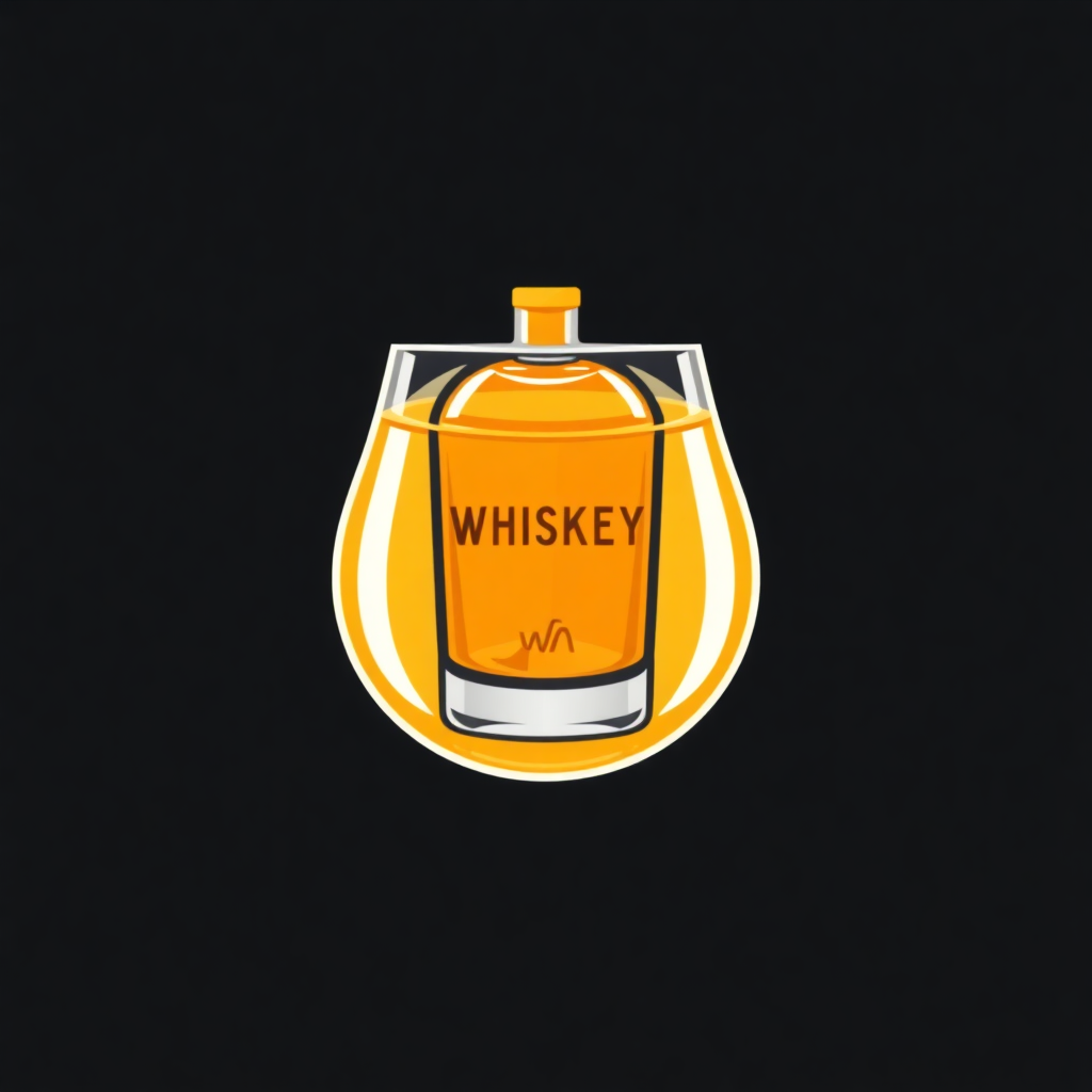 The image is a logo of a whiskey glass with the word WHISKEY written on it in a bold, orange font. The glass is filled with a golden-colored liquid, which appears to be whiskey. The background is black, making the orange color of the glass stand out. The logo is in a circular shape, with a yellow border around the edges. The overall design is simple and minimalistic.