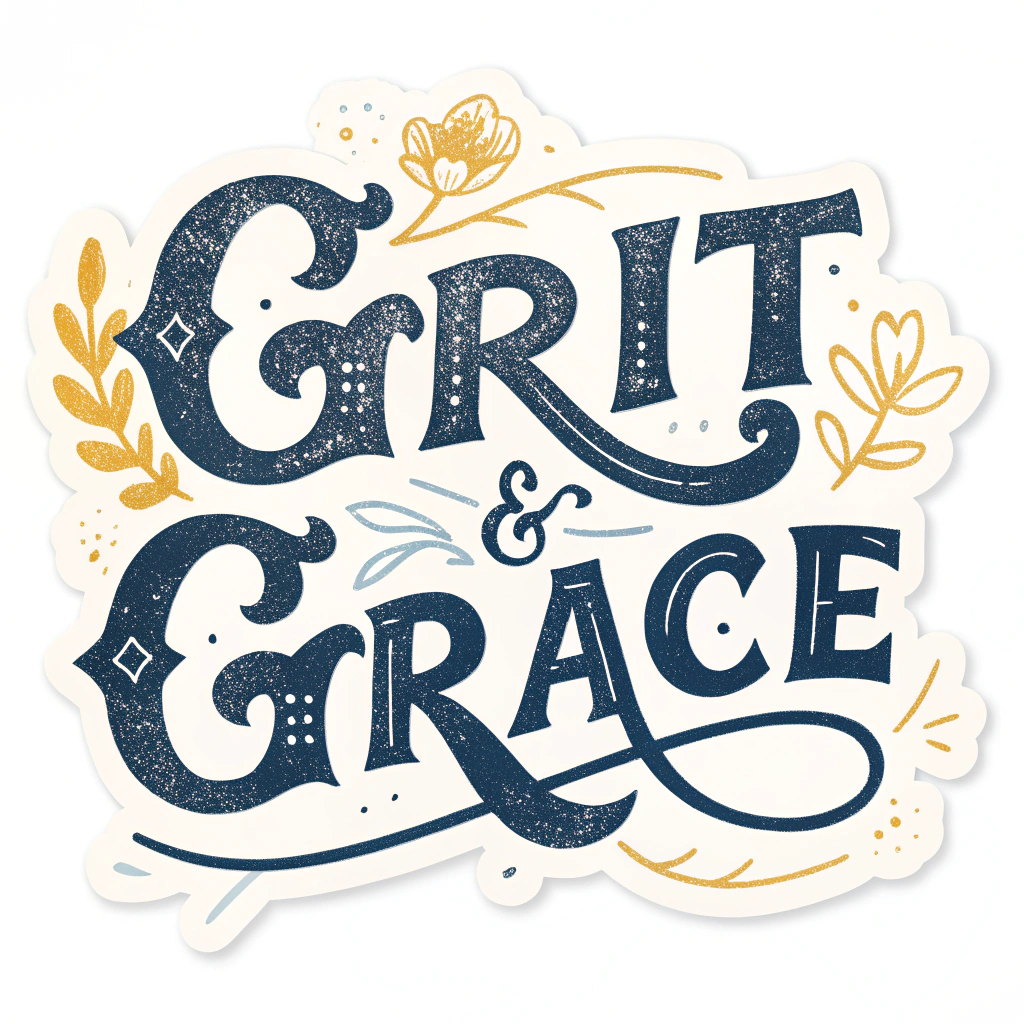 A sticker showcasing a calligraphic design of the words 'Grit & Grace,' with 'Grit' rendered in a rough, bold font and 'Grace' in a delicate, flowing script.