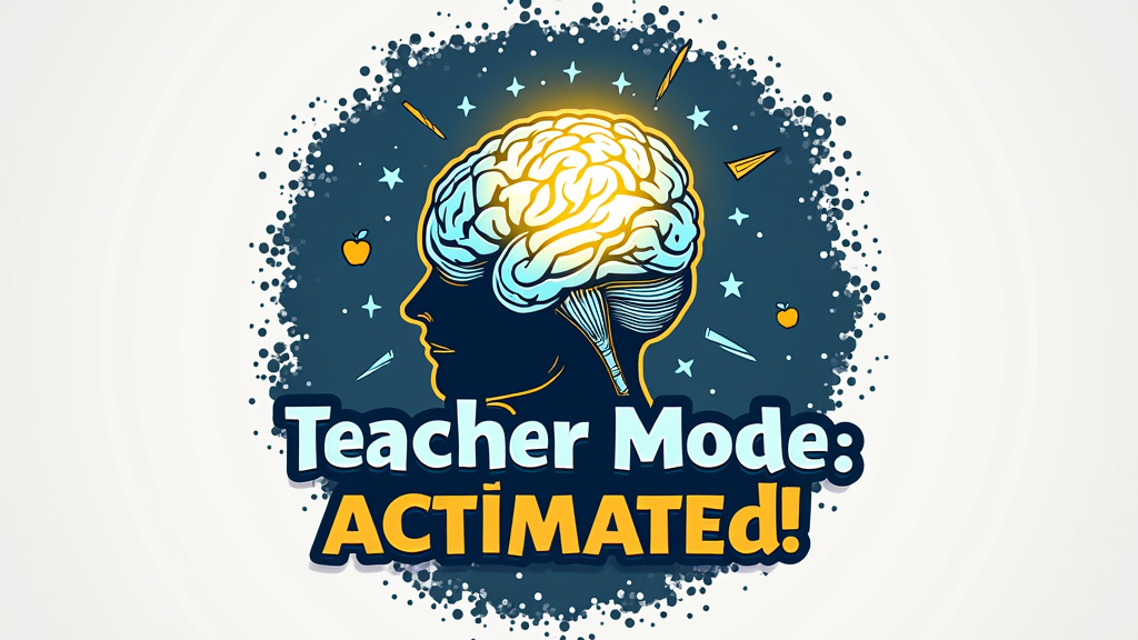 Illustration of a stylized brain or lightbulb icon powering up or glowing brightly, with the text 'Teacher Mode: Activated!' in a modern, clean font. Small academic symbols (e.g., apple, pencil, book) could subtly accent the design.