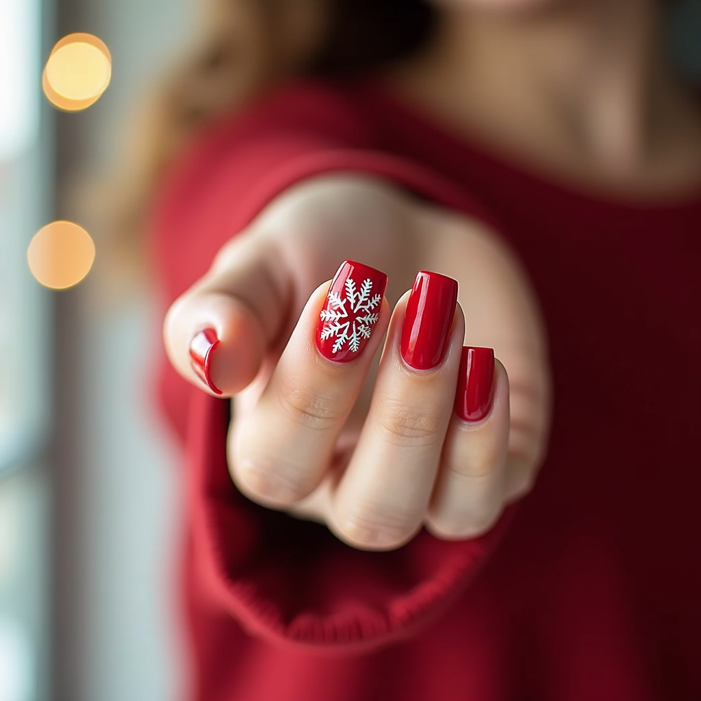  a close-up of a person's hand with their fingers slightly spread apart. The person is wearing a red sweater and their nails are painted with a red polish. On their fingernails, there is a white snowflake design on each ring finger. The background is blurred, but it appears to be a room with a window and some lights. The overall mood of the image is festive and cheerful.