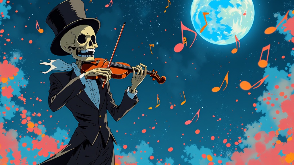 Brook, the skeletal musician of the Straw Hat Pirates, elegantly playing his violin amidst swirling musical notes and a whimsical, moonlit One Piece scene.