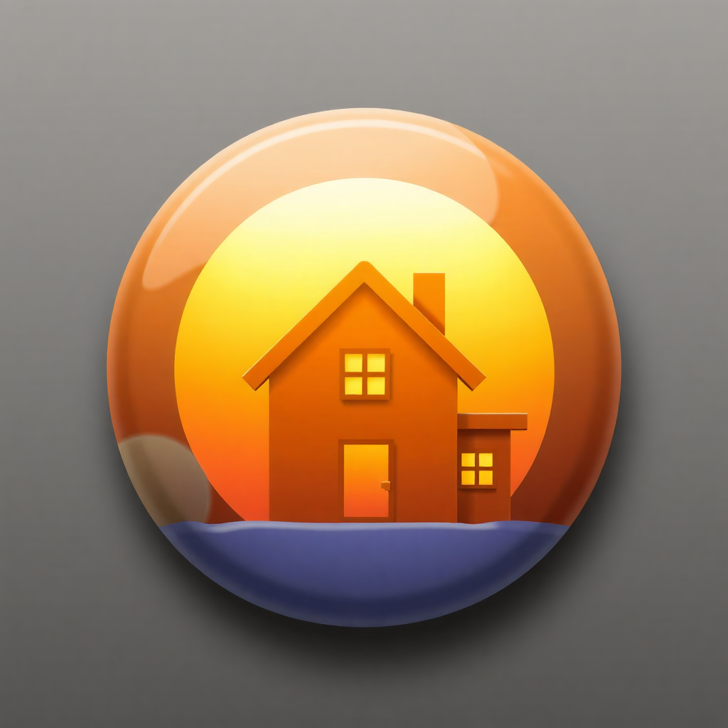 The image is a circular icon with a blue base and an orange background. In the center of the icon, there is a small orange house with a chimney and a door. The house is facing towards the right side of the image. The background is a gradient of orange and yellow, with the orange being the dominant color. The overall design is simple and minimalistic.