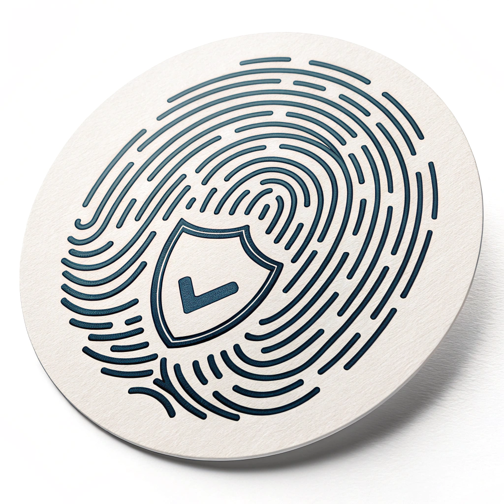 Simple Icon Idea: A simplified, iconic representation of a fingerprint with a small, integrated shield or checkmark symbol at its center, suitable for small digital use or as a subtle sticker element.