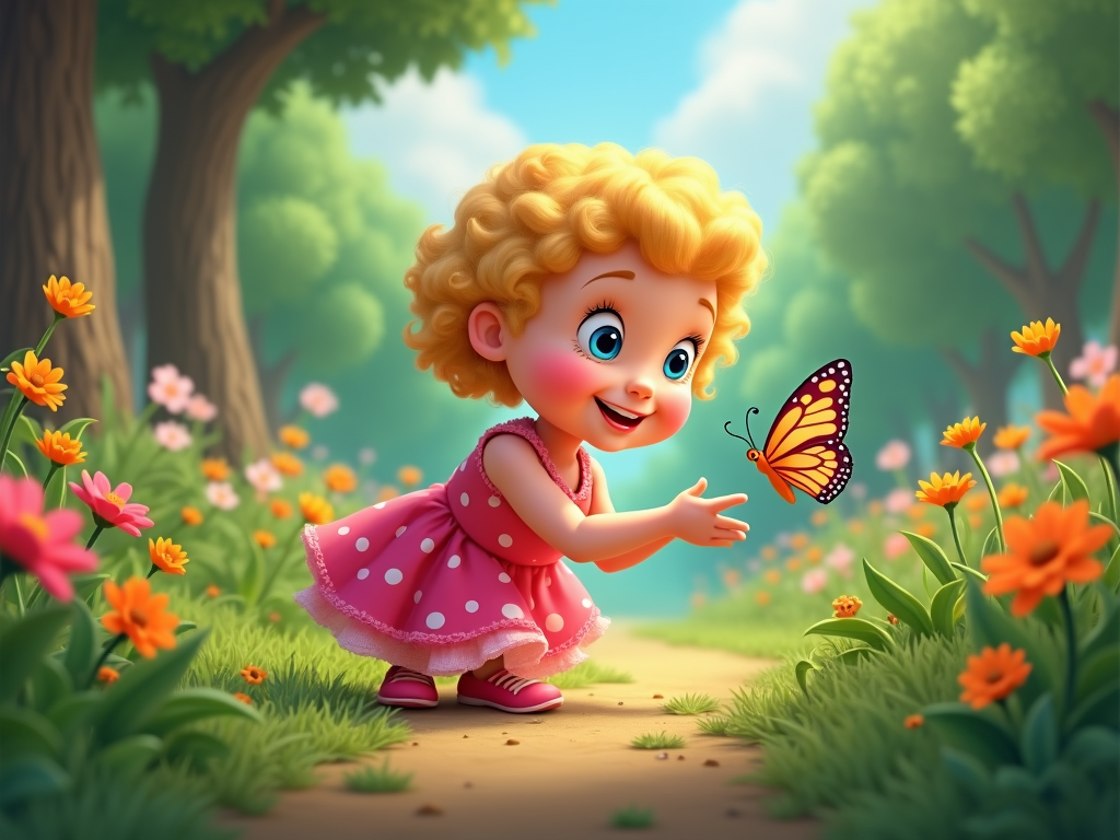 The image is a digital illustration of a little girl with blonde curly hair and blue eyes. She is wearing a pink dress with white polka dots and pink shoes. She has a big smile on her face and is holding a butterfly in her hand. The girl is standing on a path in a garden with orange and yellow flowers and green trees in the background. The sky is blue and there are a few clouds in the sky. The overall mood of the image is cheerful and playful.