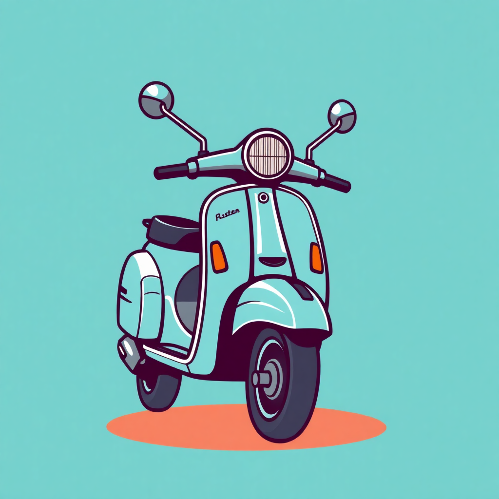 The image is an illustration of a blue scooter. The scooter has a round headlight and two side mirrors on either side. The body of the scooter is light blue with a black seat and handlebars. The front wheel is black with a silver rim. The background is a solid turquoise color. The overall style of the illustration is simple and cartoon-like.