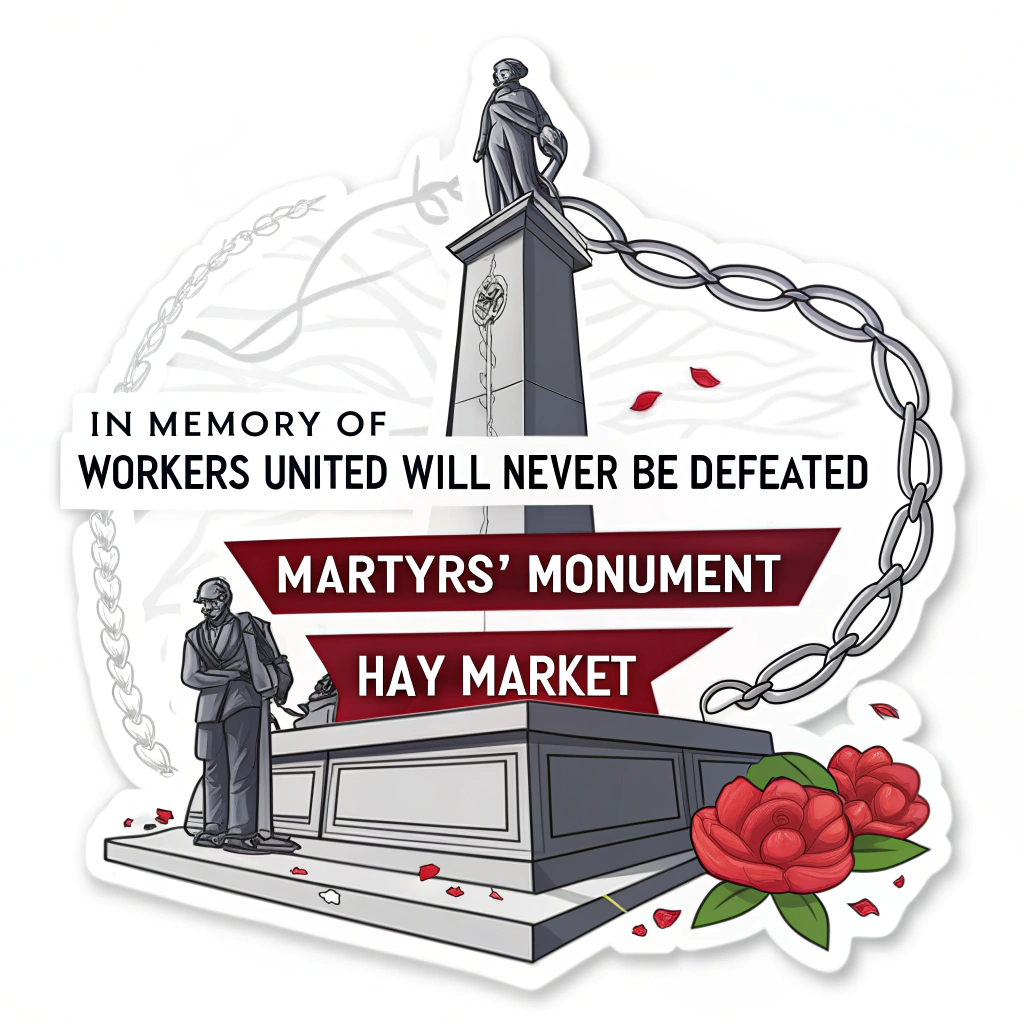 Martyrs' Memorial Tribute Sticker: Incorporates the names of the Haymarket Martyrs or a stylized representation of the Haymarket Martyrs' Monument (e.g., the statue or obelisk). Could be combined with imagery of breaking chains. Text: 'In Memory of Haymarket - Workers United Will Never Be Defeated.' Palette: Grays, black, white, with a single accent color like red.