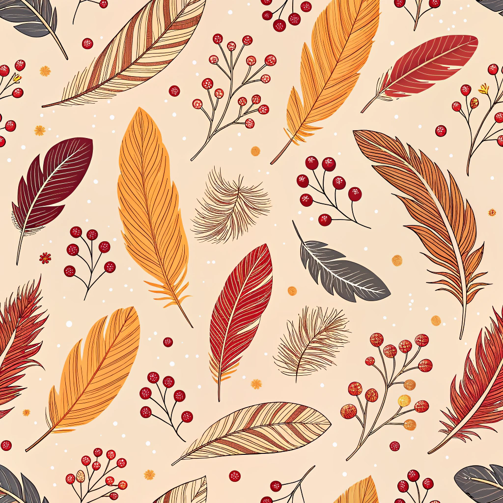 An elegant Thanksgiving pattern displaying a repeat of hand-drawn turkey feathers in various autumn shades of orange, red, and brown. These are complemented by intricate drawings of cranberry clusters on a beige background, evoking the rustic charm and warmth of Thanksgiving traditions.