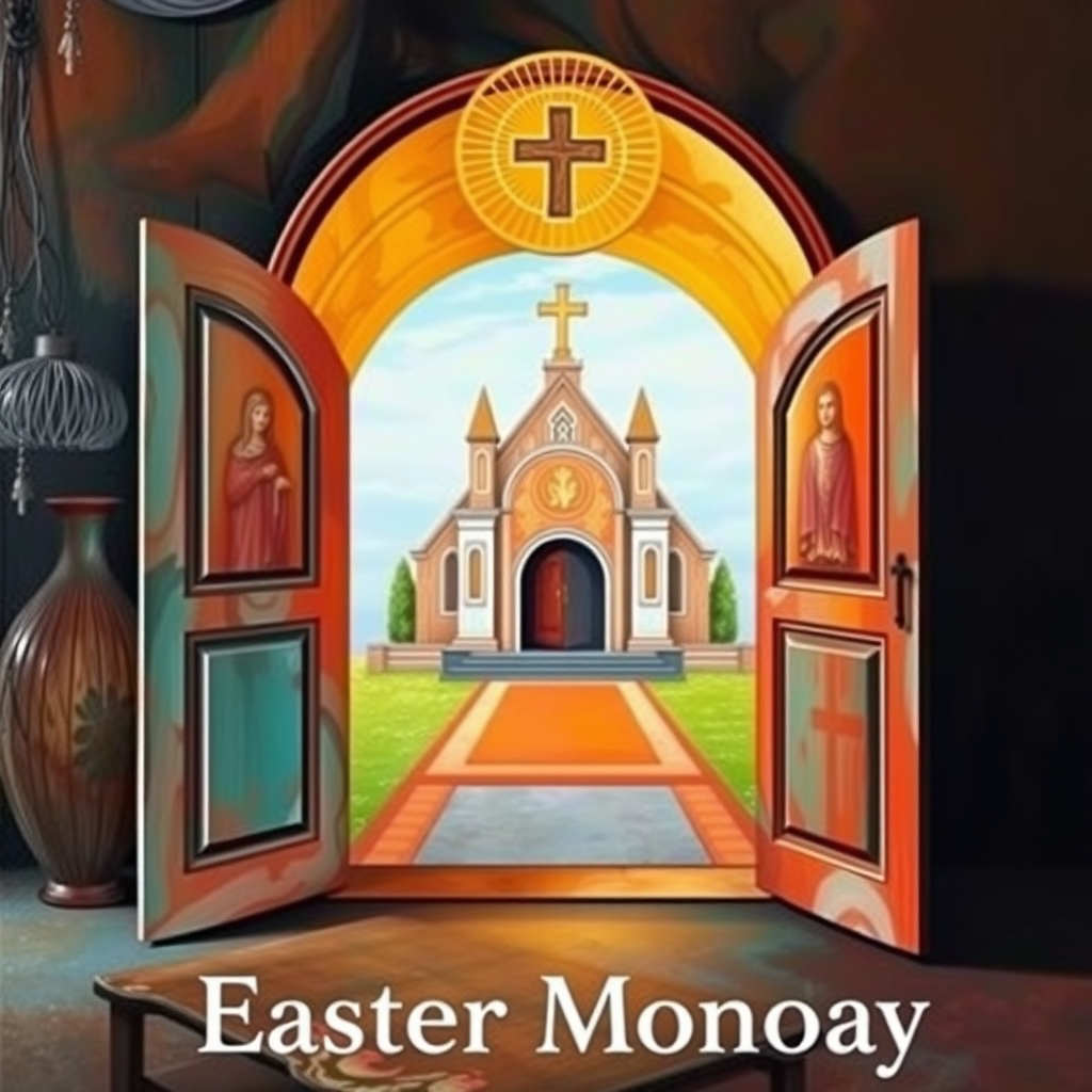 An icon depicting open doors of a church, symbolizing welcome and invitation to celebrate Easter Monday.