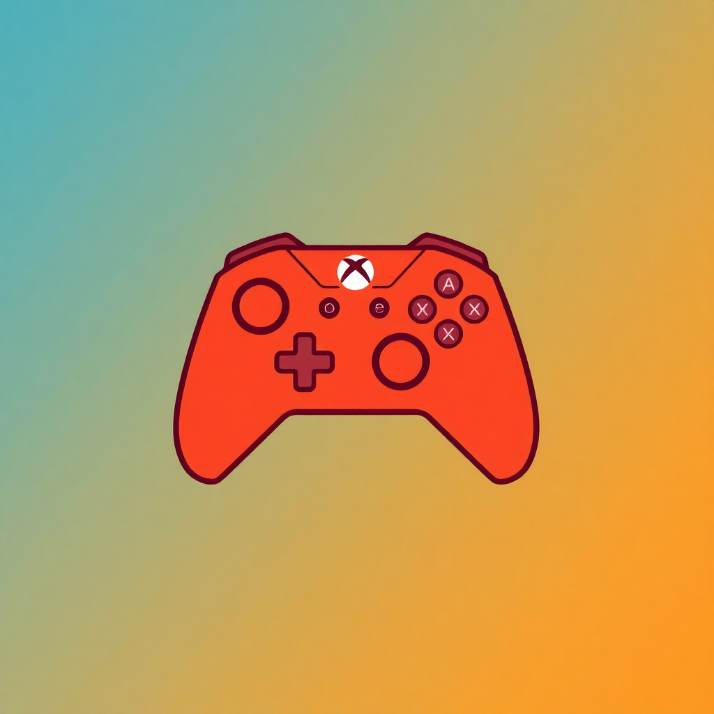 The image is a graphic illustration of a video game controller. The controller is red in color and has a white X on the top right corner. It has four buttons on the left side, two on the right side, and three on the bottom left side. The buttons are arranged in a circular pattern, with a plus sign in the center. The background is a gradient of pastel colors, with shades of orange, yellow, and blue. The overall design is simple and minimalistic.