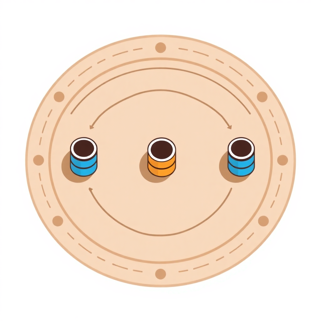 A circular barrel racing pattern with three barrels equally spaced, challenging riders with tight turns and speed control.