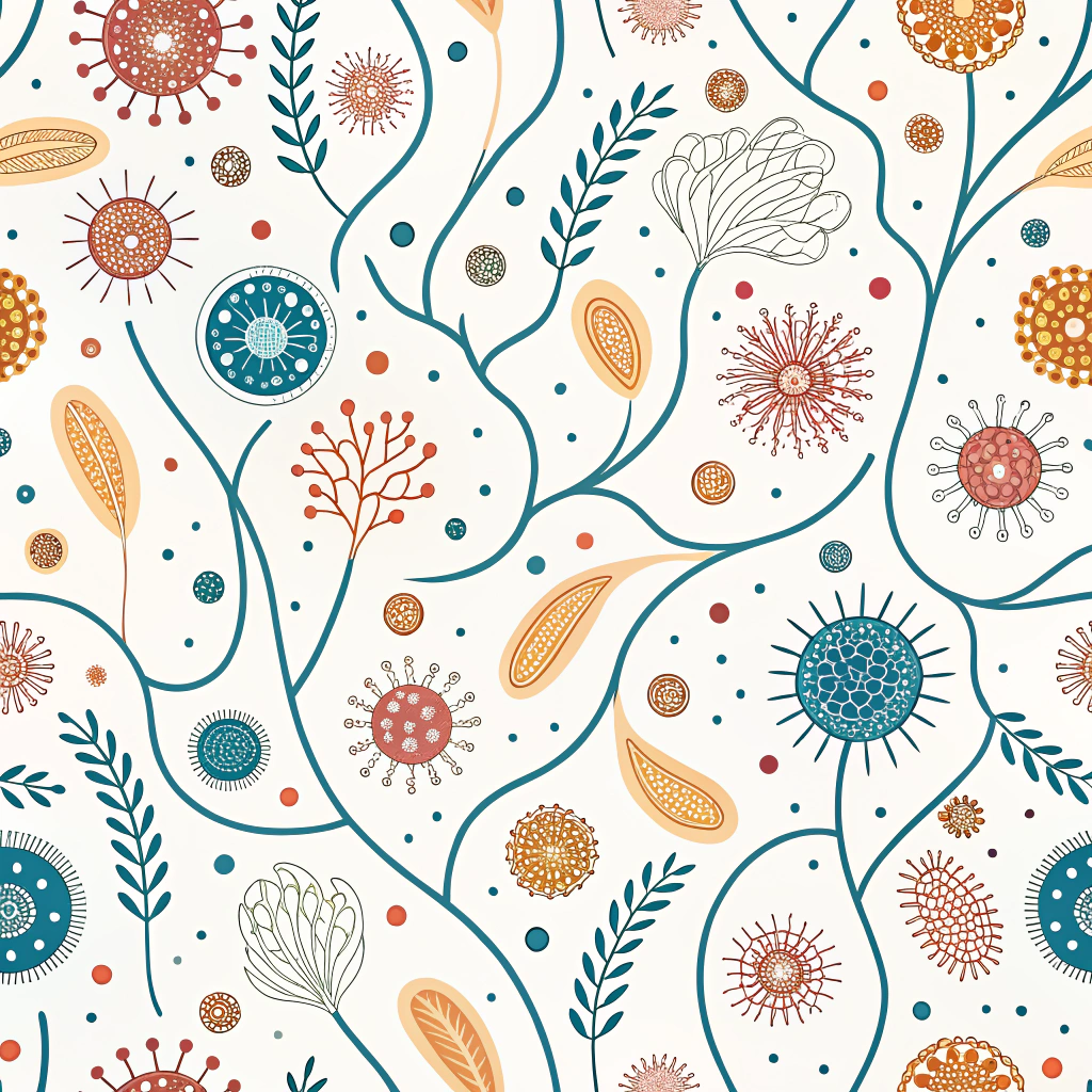 Abstract patterns representing the complex, interconnected networks of beneficial soil microorganisms (mycorrhizal fungi, bacteria), using organic lines and dots to illustrate 'The Unseen Helpers' vital for healthy textile fibers.