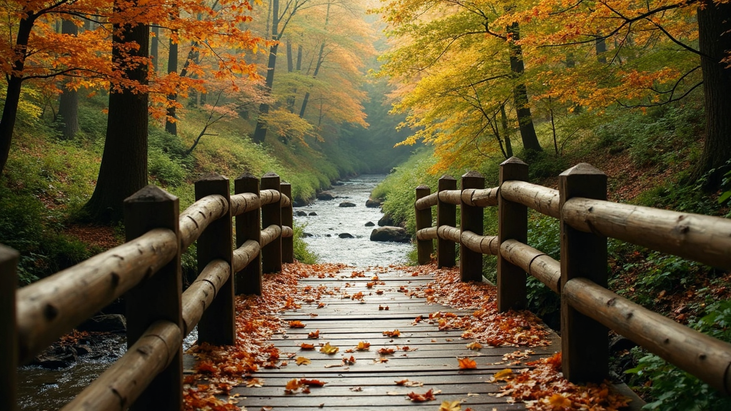 A wooden bridge crosses a bubbling brook in a forest, its rails lined with falling leaves and touched by morning light.