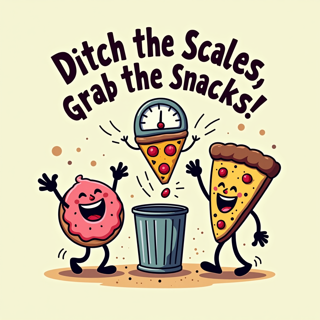 A cartoon-style illustration of a jubilant, diverse group of food items (e.g., a happy donut, a cheerful pizza slice, a relaxed cookie) tossing a bathroom scale into a trash can, with the text 'Ditch the Scales, Grab the Snacks!' in a fun, bold font above or below.