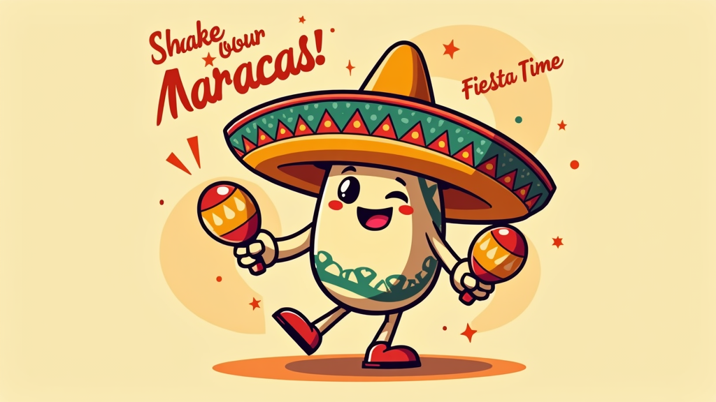 Design Idea 4: 'Animated Sombrero Shaker' - A cartoon-style design with an anthropomorphic sombrero character jauntily shaking a pair of maracas. The character could be dancing or winking, conveying fun and festivity. Use bold outlines and bright, flat colors. Simple text like 'Shake Your Maracas!' or 'Fiesta Time!'