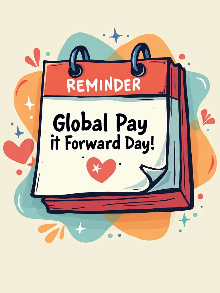 A design mimicking a digital calendar notification or reminder pop-up. The graphic shows an alert box reading 'Reminder: Global Pay It Forward Day!' with the date highlighted.