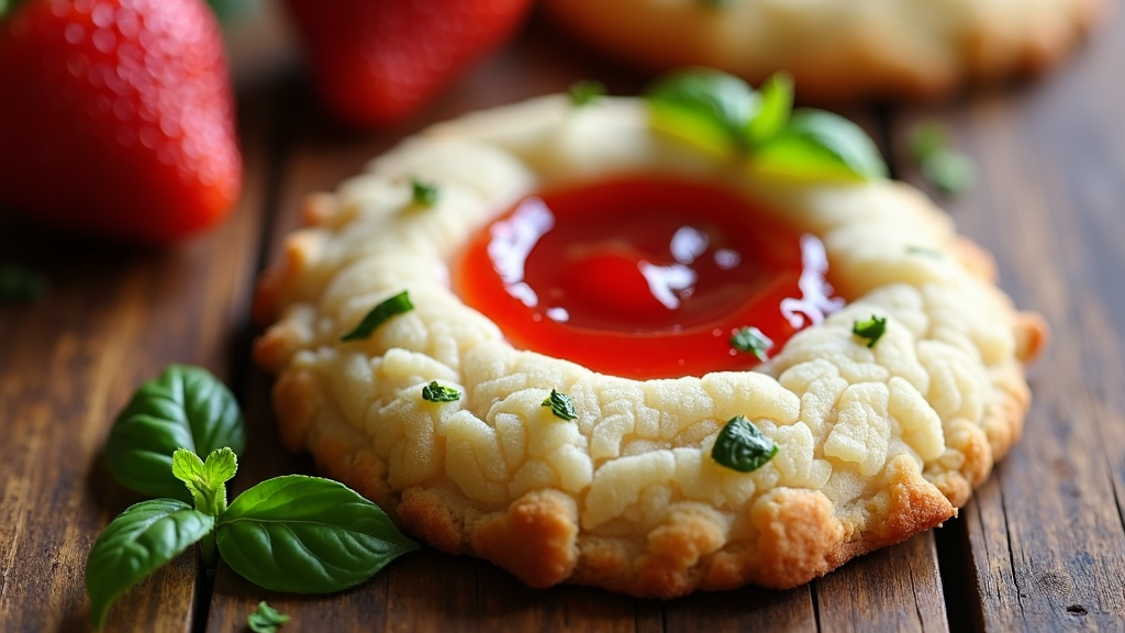 A classic sugar cookie with a swirl of strawberry jam and a few small pieces of fresh basil baked on top.