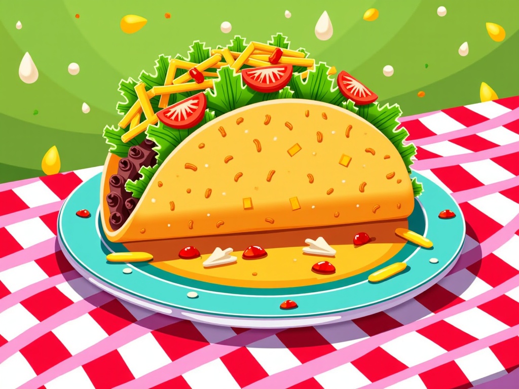 The image is an illustration of a taco on a red and white checkered tablecloth. The taco is in the center of the image and is placed on a blue plate. It is filled with a variety of ingredients, including lettuce, tomatoes, cheese, and other toppings. The background is a green field with small white clouds scattered around. The overall color scheme of the illustration is bright and vibrant.