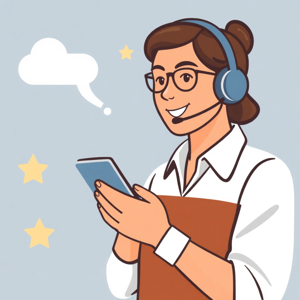 The image is an illustration of a young woman wearing a headset and holding a tablet. She is wearing a white shirt and a brown apron. She has a big smile on her face and is looking at the screen of the tablet. Above her head, there is a speech bubble with a yellow star inside it. The background is light blue with a few yellow stars scattered around. The overall style of the illustration is flat and cartoon-like.