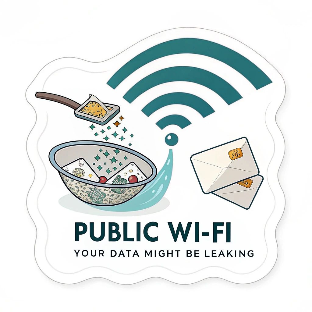 Sticker Design: Wi-Fi waves depicted as a sieve, with small data icons (like envelopes, credit cards) leaking through. Text: 'Public Wi-Fi: Your Data Might Be Leaking.'