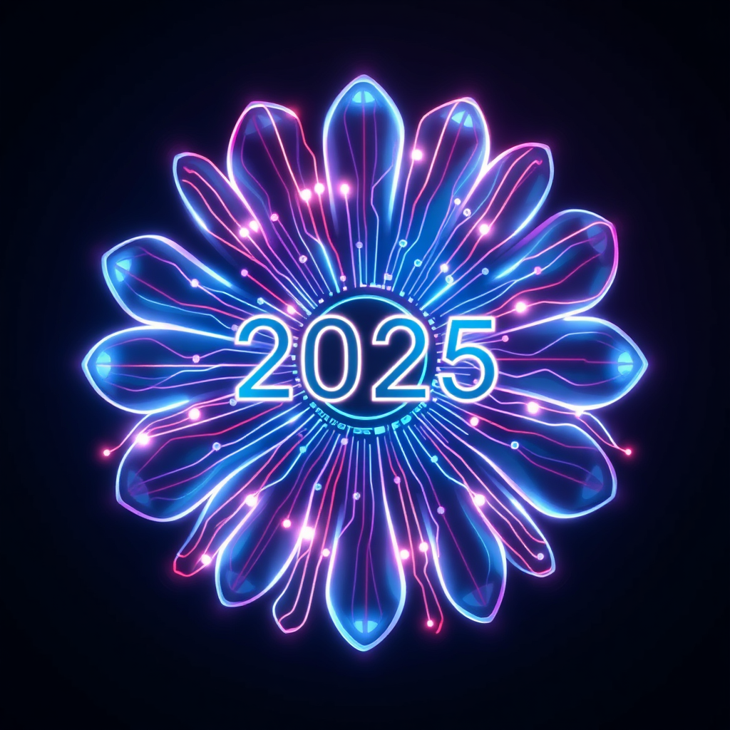 Sub-Design Idea 4: 'Future-Flux Daisy' - An abstract representation where the daisy is a swirl of metallic and neon lines, resembling data streams or energy flows forming a floral shape. Circuit elements are integrated as connecting nodes and pathways. '2025' is fragmented and integrated into the flow, appearing as it coalesces.