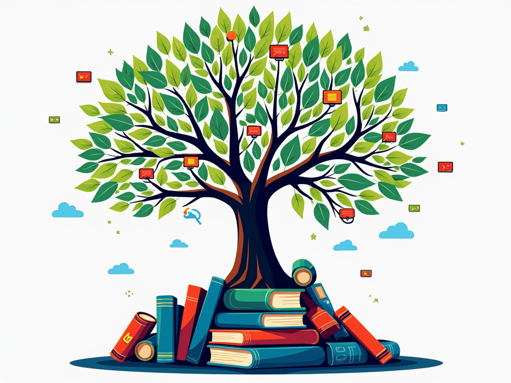 A tree graphic where the roots are formed by books and physical learning tools, while the branches and leaves are composed of digital icons like cursors, cloud symbols, and glowing screens, signifying growth through hybrid methods.