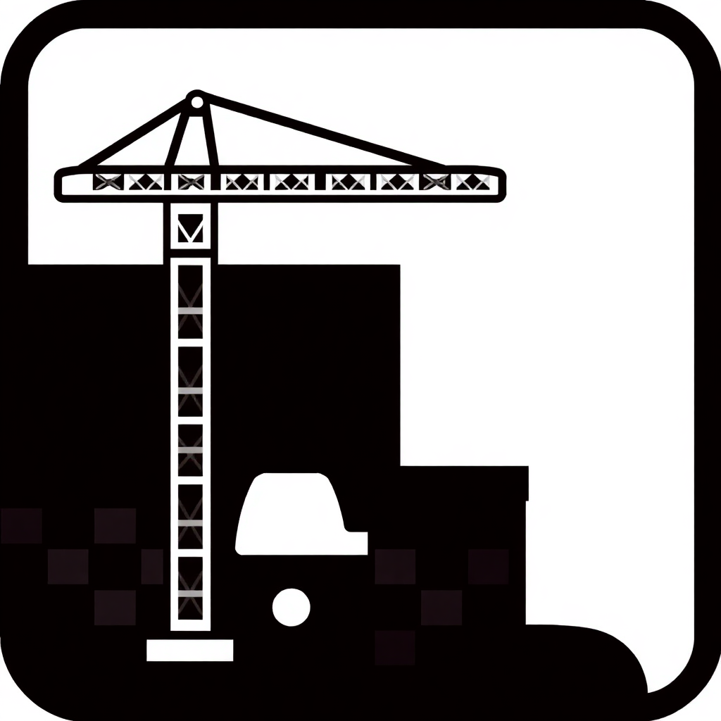 The image is a black and white icon of a construction crane. The crane is in the center of the image and is facing towards the right side. It has a long arm with a hook at the end, which is used to lift and move heavy objects. Below the crane, there is a smaller crane with a bucket attached to it. The background is white, and the image is in a square shape with a black border. The image appears to be a logo or icon for a construction site.