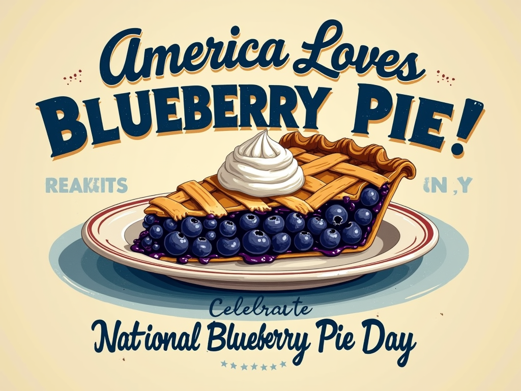 An illustration mimicking a vintage magazine advertisement, featuring a perfect slice of blueberry pie with lattice crust and maybe a dollop of whipped cream. Use faded colors and distressed textures. Headline: 'America Loves Blueberry Pie!' with 'Celebrate National Blueberry Pie Day' as a sub-headline.