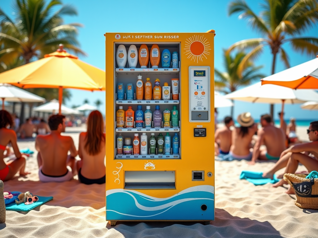 An outdoor vending machine at a beach resort, dispensing sunscreen, hats, and sunglasses alongside refreshing drinks, caters to sun-soaked visitors.