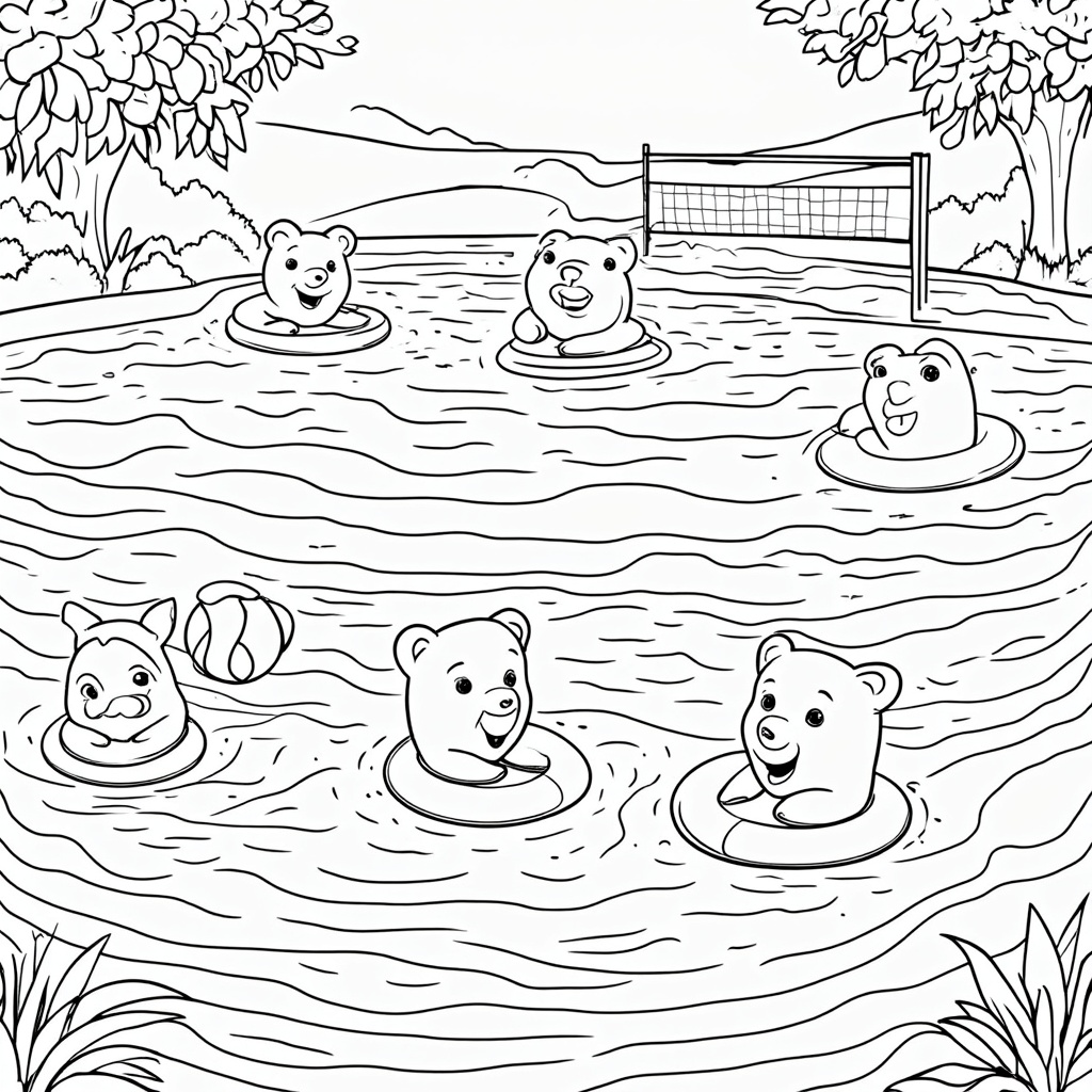 Aquatic Adventures & Team Sports: Gummy bears joyfully swimming in a 'lemonade lake' or 'juice pool' with gummy ring floaties as lane markers. Alongside, depict a lively game of gummy bear volleyball using a small gumball as the ball and a net made of string candy.