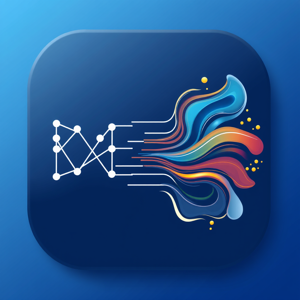 An icon showing a simplified neural network or algorithm flowchart on one side, with its output lines transforming into recognizable artistic elements like brush strokes, light rays, or fluid shapes.