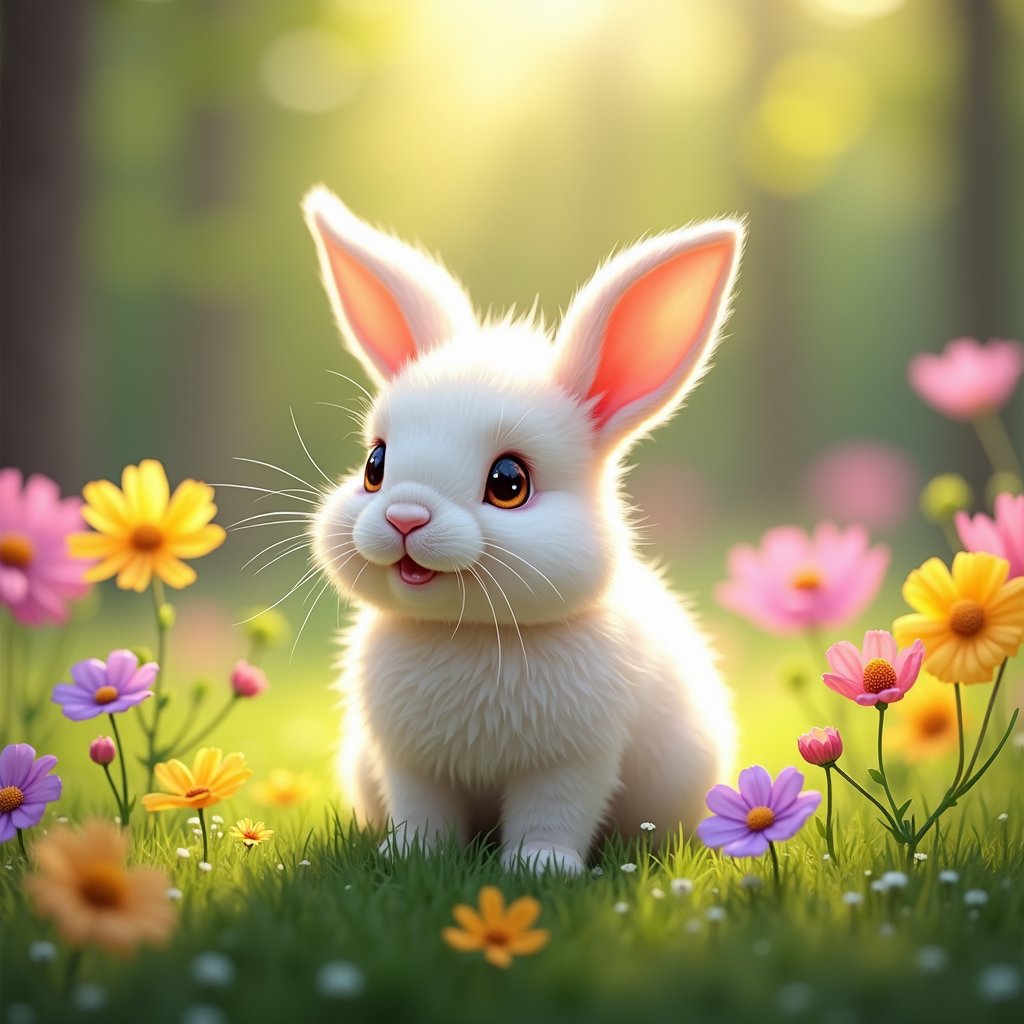 The image is a digital illustration of a small white rabbit sitting in a field of colorful flowers. The rabbit has big pink ears and is looking directly at the camera with a curious expression. The background is blurred, but it appears to be a garden or park with trees and greenery. The flowers in the field are in various shades of pink, yellow, orange, and purple, and there are small white daisies scattered throughout. The overall mood of the image is cheerful and playful.